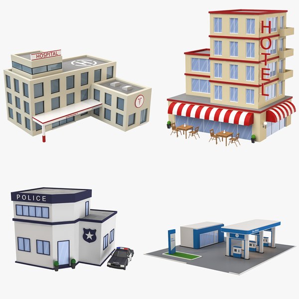 3D cartoon buildings hotel hospital model