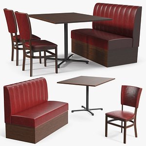 3D Cafe Booth Bench with Wooden Table and Chairs