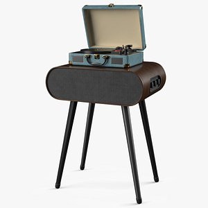 Portable Suitcase Turntable on Wooden Speaker Stand