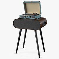 Portable Suitcase Turntable on Wooden Speaker Stand
