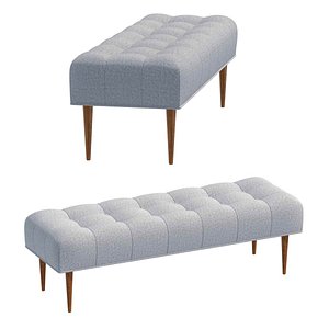 Modern Button Tufted Bench Upholstered in Pale Grey with Walnut Spindle Legs