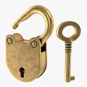 3D vintage brass padlock skeleton key