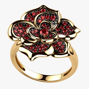 3D model Beautiful Ruby Flower Rhodium Plating Gold Ring