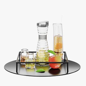 N30 Black Round Tray with Juice Glasses and Apple on Table 3D model