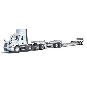 Semi Truck with Lowboy Trailer 3D model