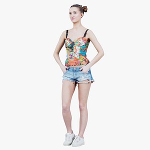 Woman in Flower Top Sneakers and Jeans Posing 2 Remastered 3D model