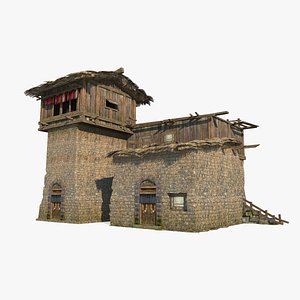 Ancient Asian architecture thatched houses brick stone model