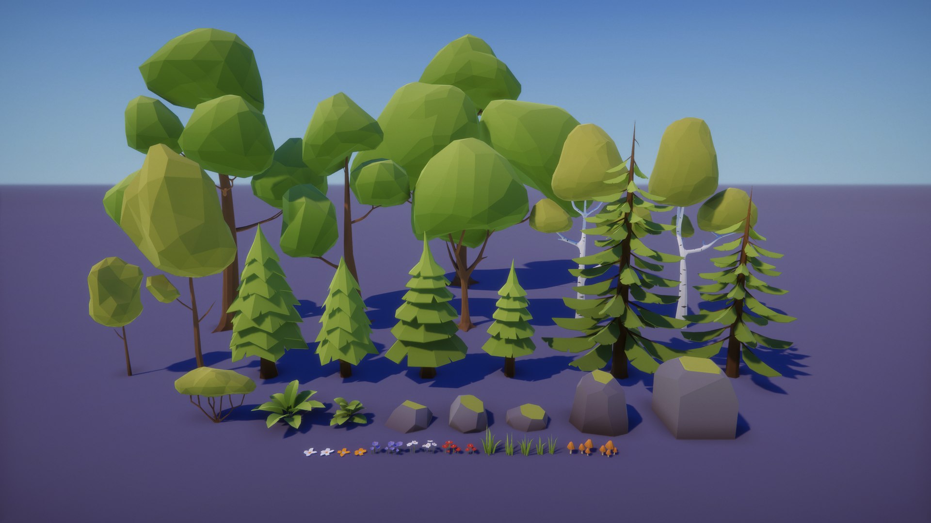 3D Low Poly Nature - 4 Seasons Trees Grass Rocks Terrian Plants Model ...