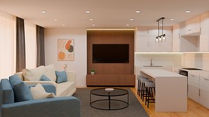 3D model Modern Realistic Interior Living Room and Kitchen