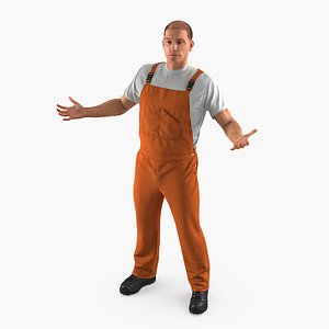 3D worker wearing orange overalls