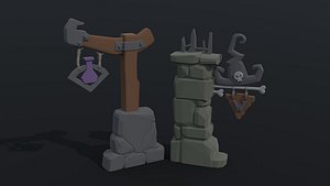 3D Low-poly Cartoon fantasy witch road sign Polygonal Style