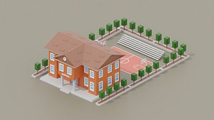Low Poly  School Building and Basketball Court model