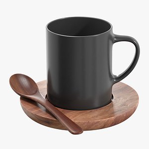 Coffee Mug With Wooden Spoon and Saucer
