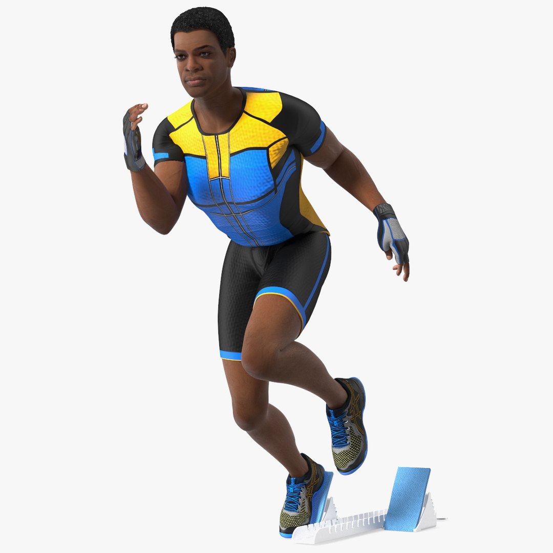 Light Skin Black Sportsmen with Starting Block Rigged 3D model preview