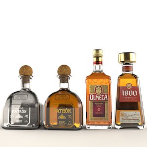 4 Tequila Alcohol Bottles Patron Olmeca 1800 3D model