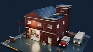 Low Poly Firehouse Fire Engine Emergency Rescue Equipment Pack