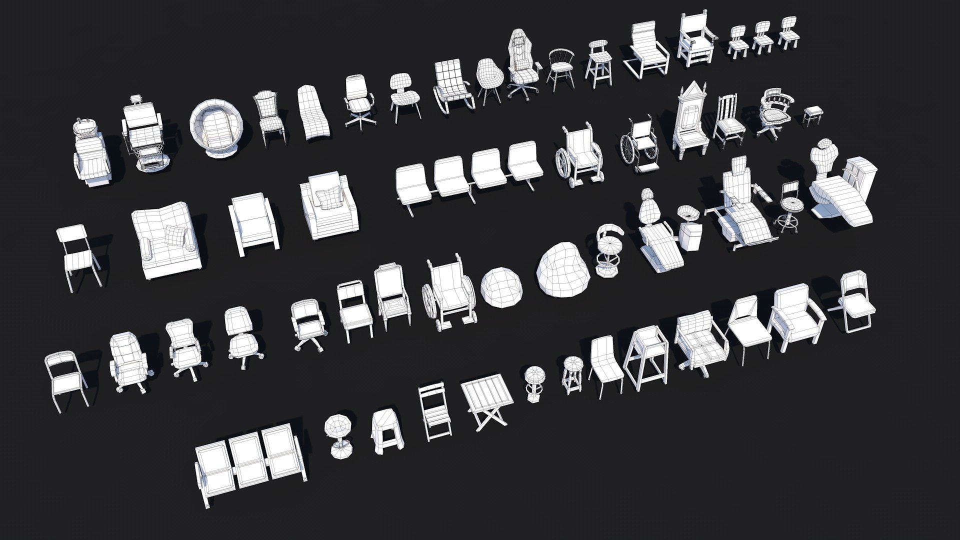 3D 55 Interior Furniture Chair Collection Pack For Game Ready