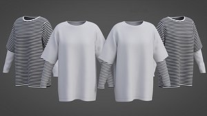 Punk Oversized Stripes Shirt - Harajuku Long Sleeves T-shirt different Textures 3D model