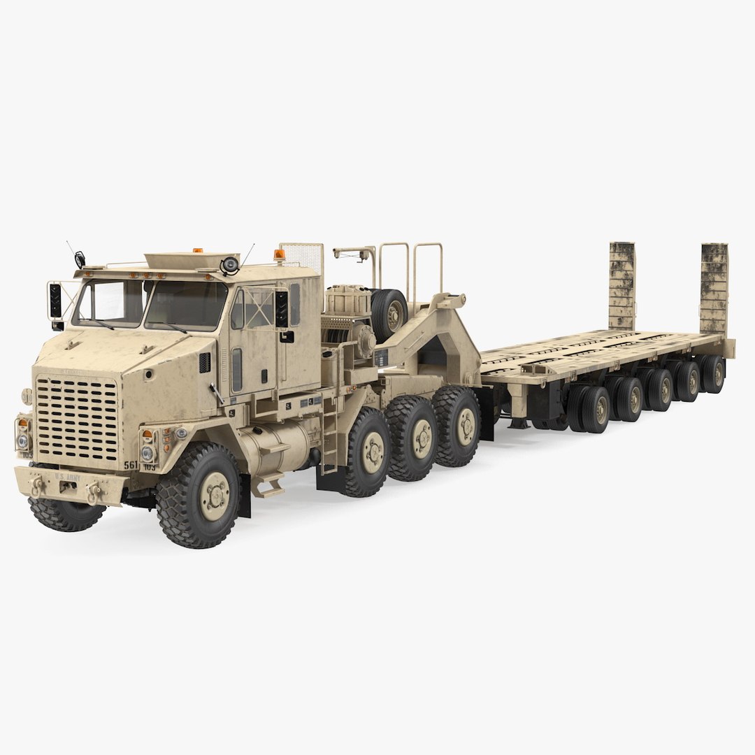 Desert Camouflage Oshkosh M1070 Truck with M1000 Semi-Trailer Dirty 3D model preview