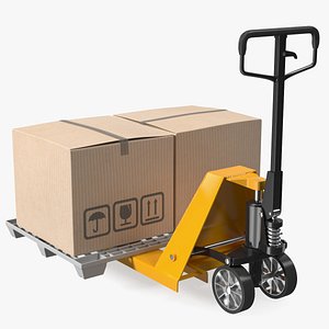 3D Yellow Hand Pallet Truck with Boxes model