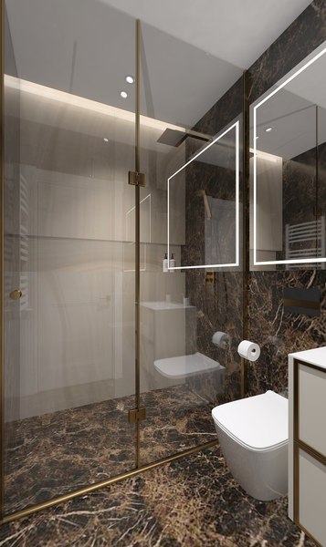 3D Luxurious shower room with brown tiles model