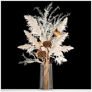 Bouquet of dried white flowers in a glass vase 156 3D
