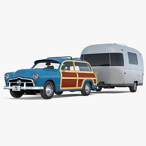 Retro Car with Retro Airstream Trailer 3D Model