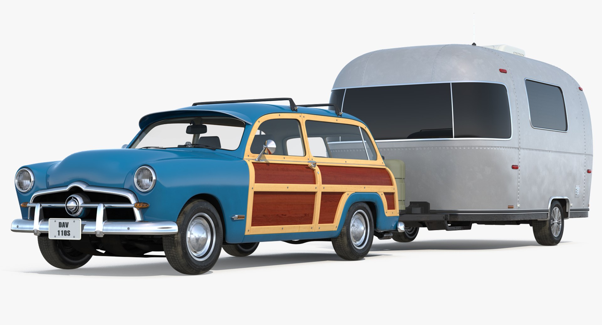 Retro Car with Retro Airstream Trailer 3D Model 3D model preview