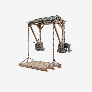 Medieval Wooden Crane with Pulley System Game Ready 3D Model
