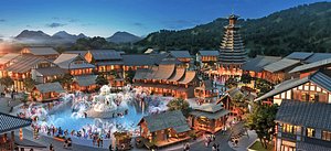 Ancient-Town Style Retail Street - Night Plaza with Pagoda and Splash Fountain