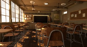 Vintage Classroom Interior Scene - Retro 1960s School 3D Model - All Formats