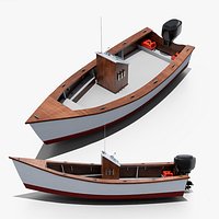 Lumber yard skiff Wooden boat with outboard motor