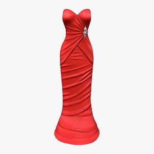3D Red Satin Strapless Mermaid Gown With Brooch