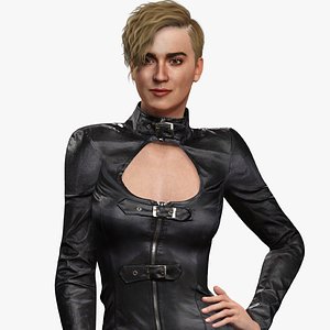 Realistic Confident Blonde Woman Leather Dress