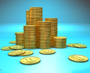 Stack of Bitcoins & Single Bitcoin