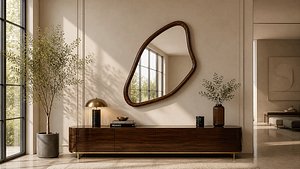 3D Modern Organic Mirror Frame - Luxury Wooden Wall Decor - Unique Asymmetrical Design for Elegant Home