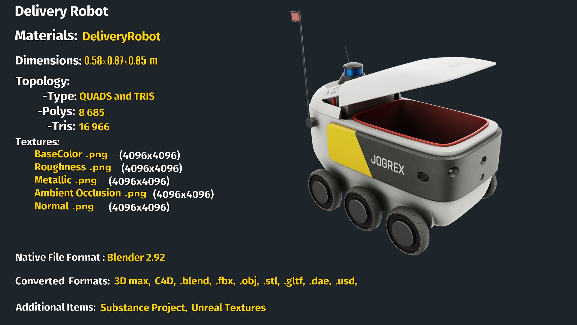 3D Delivery Robot https://p.turbosquid.com/ts-thumb/8D/GwkTsK/Yw/info/png/1618928680/1920x1080/fit_q87/35b499baf04e145070b60db829c084465c390b28/info.jpg