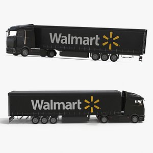 Electric Truck with Walmart Trailer Black Rigged model