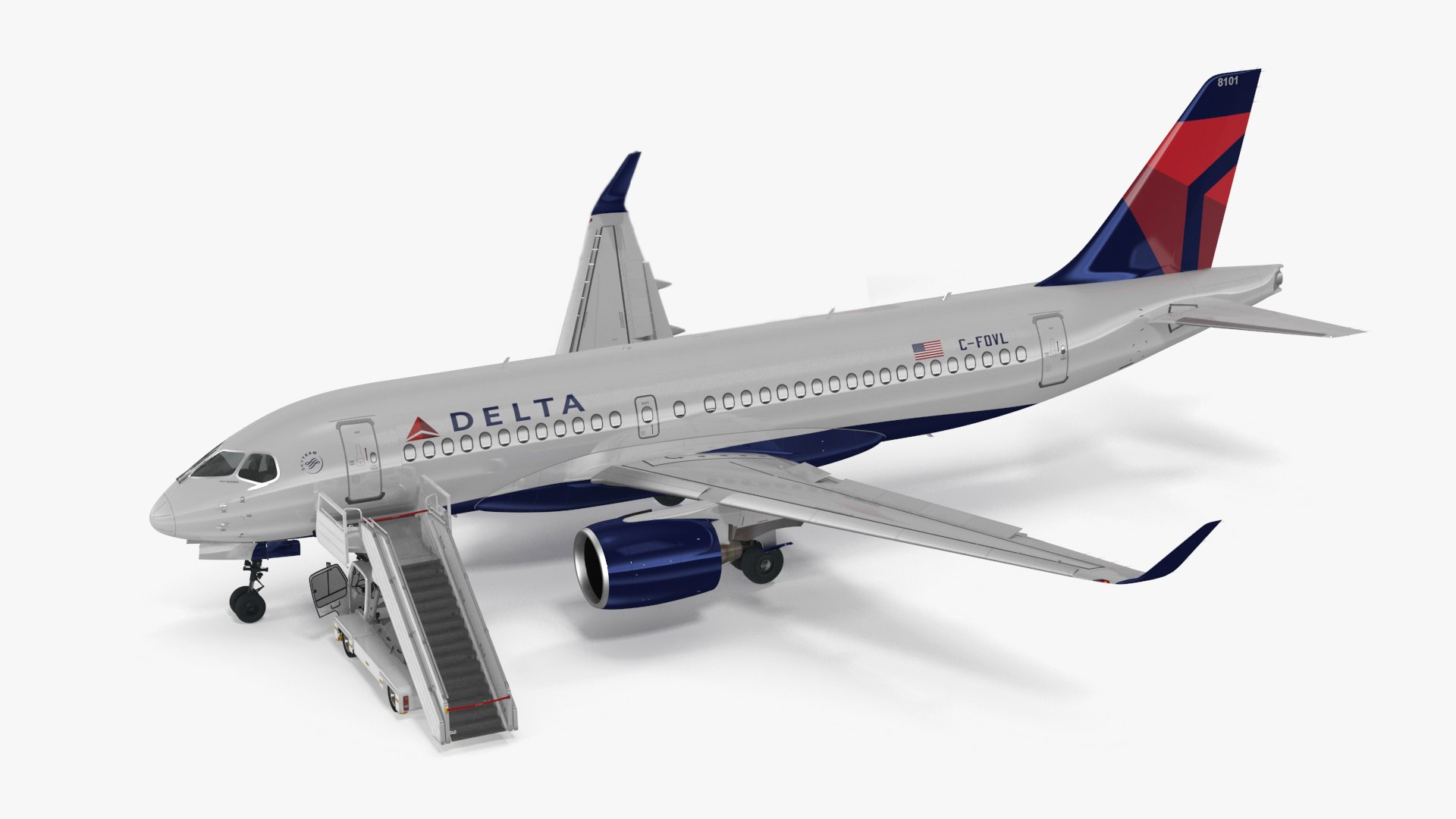 Airbus Delta with Passenger Boarding Stairs Car Rigged for Maya 3D model preview