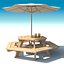 Outdoor furniture: exterior Picnic deck Table with umbrella Parasol and Beer for cafe, terrace or garden.