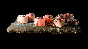 Sushi Salmon Roll and Elegant Modern Stone Plates 3D