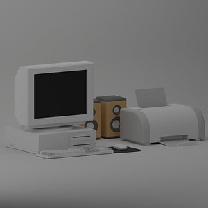 Cartoon Old Computer and Printer