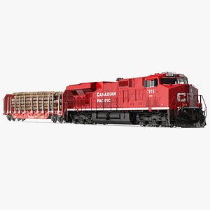 3D Locomotive Canadian Pacific with Stake Wagon with Logs