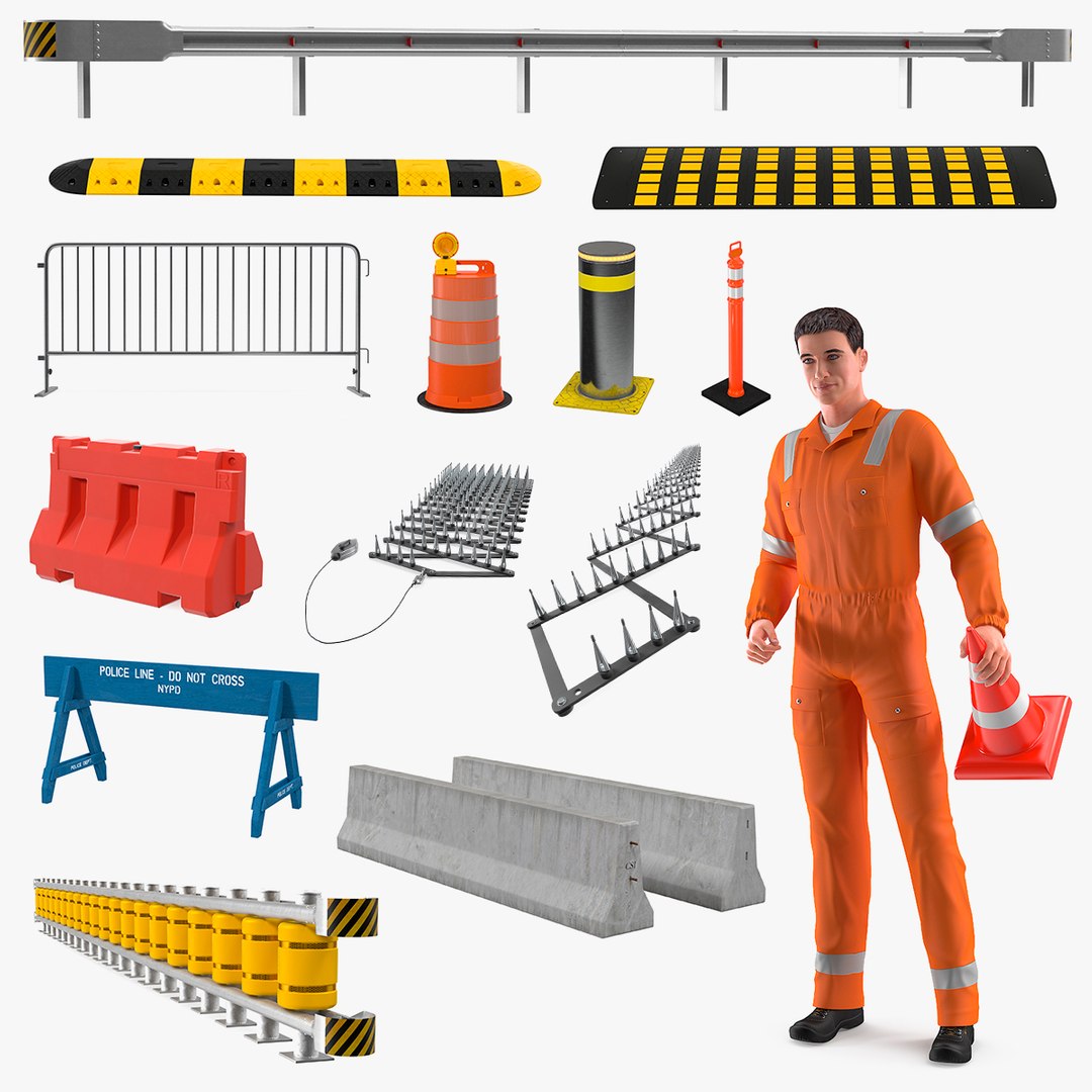 Road Worker with Road Barriers Collection 3D model preview