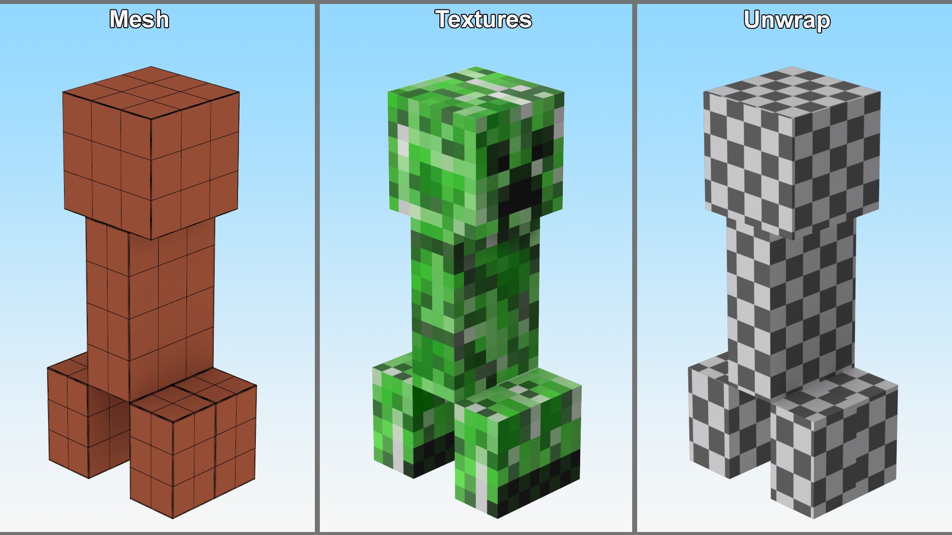 Minecraft Creeper Character model https://p.turbosquid.com/ts-thumb/8N/pyfLb1/93/minecraftcreepercharactervray3dmodel011/jpg/1728897009/1920x1080/fit_q87/d4712d92464ce69307d8090726792850660eff23/minecraftcreepercharactervray3dmodel011.jpg