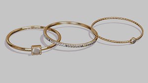 Luxury Gold Band with Diamond Gem Ring Set - 3 High-Detail Rings for Jewelry Design 3D