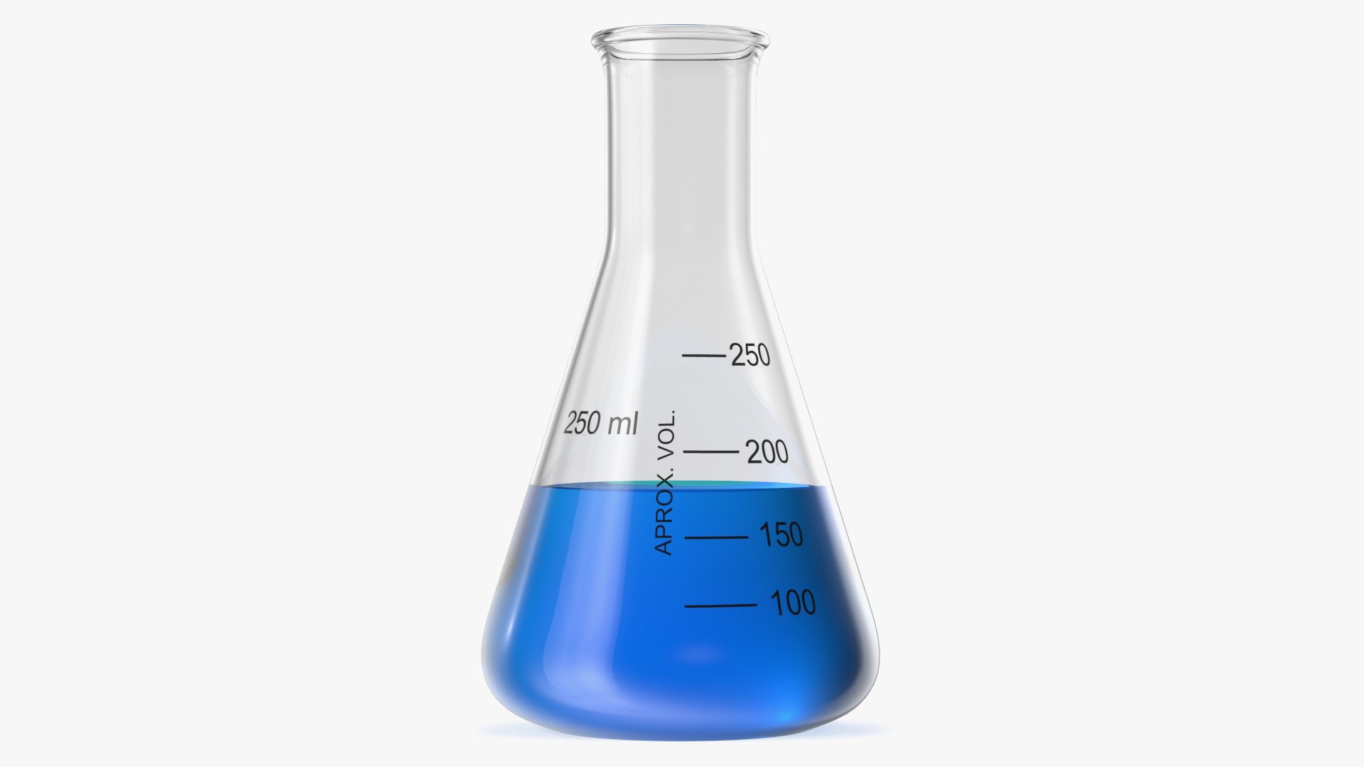 Narrow Mouth Erlenmeyer Flask 250 ml with Blue Liquid 3D model preview
