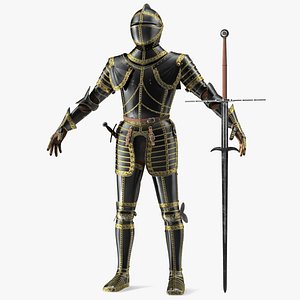 3D Medieval Knight Black Gold Full Armor Neutral Pose model