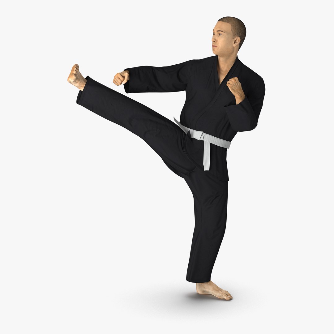 Japanese Karate Fighter Black Suit Pose 2 with Fur 3D Model 3D model preview