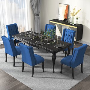 American Light Luxury Dining Room with Blue Tufted Chairs 3D Scene